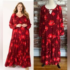Plus Size Sonoma Goods For Life Tiered Red Floral Maxi Dress Size XL